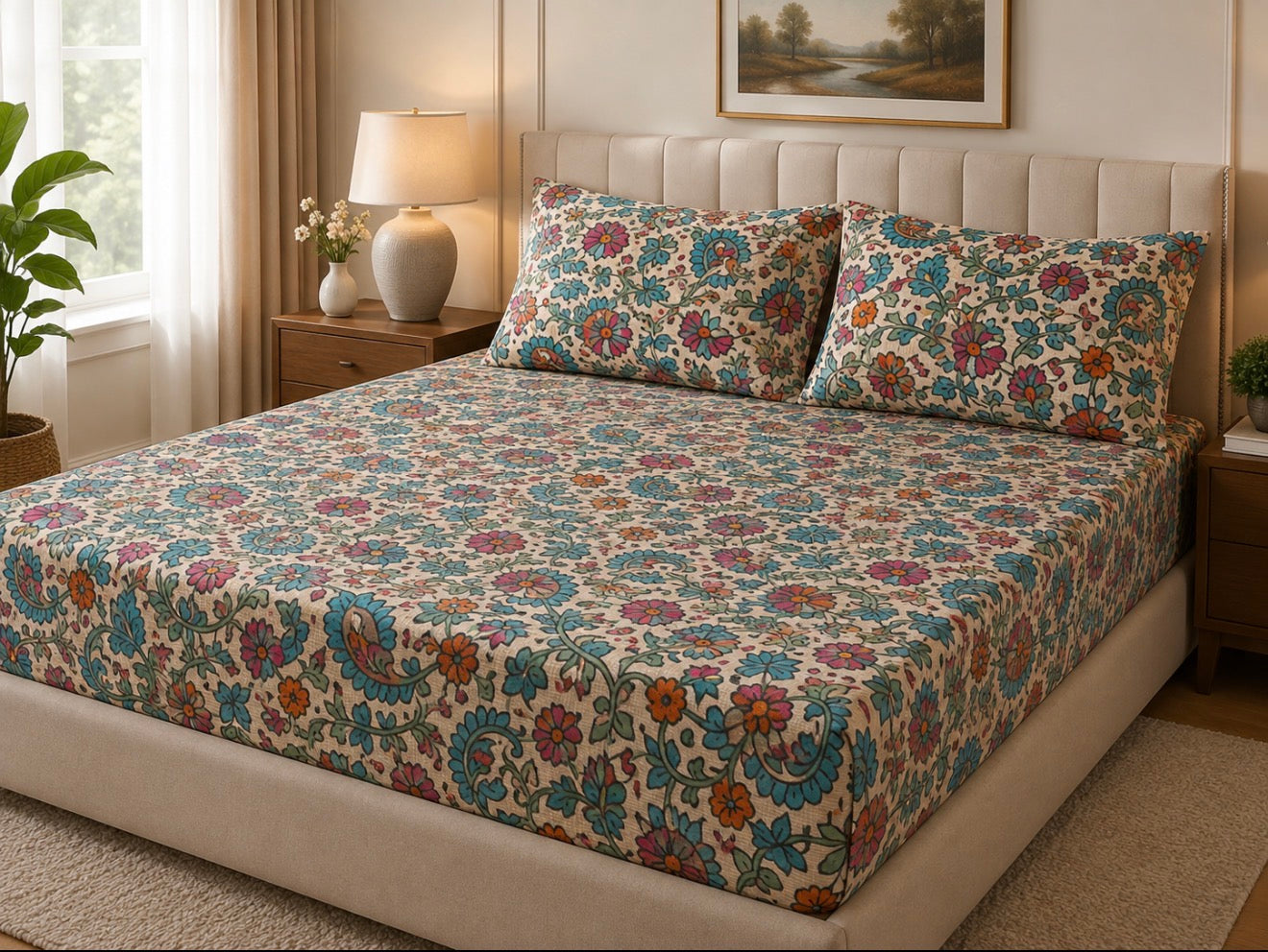 100% Cotton -King Size -Fitted Bedsheet Set (3Pcs)