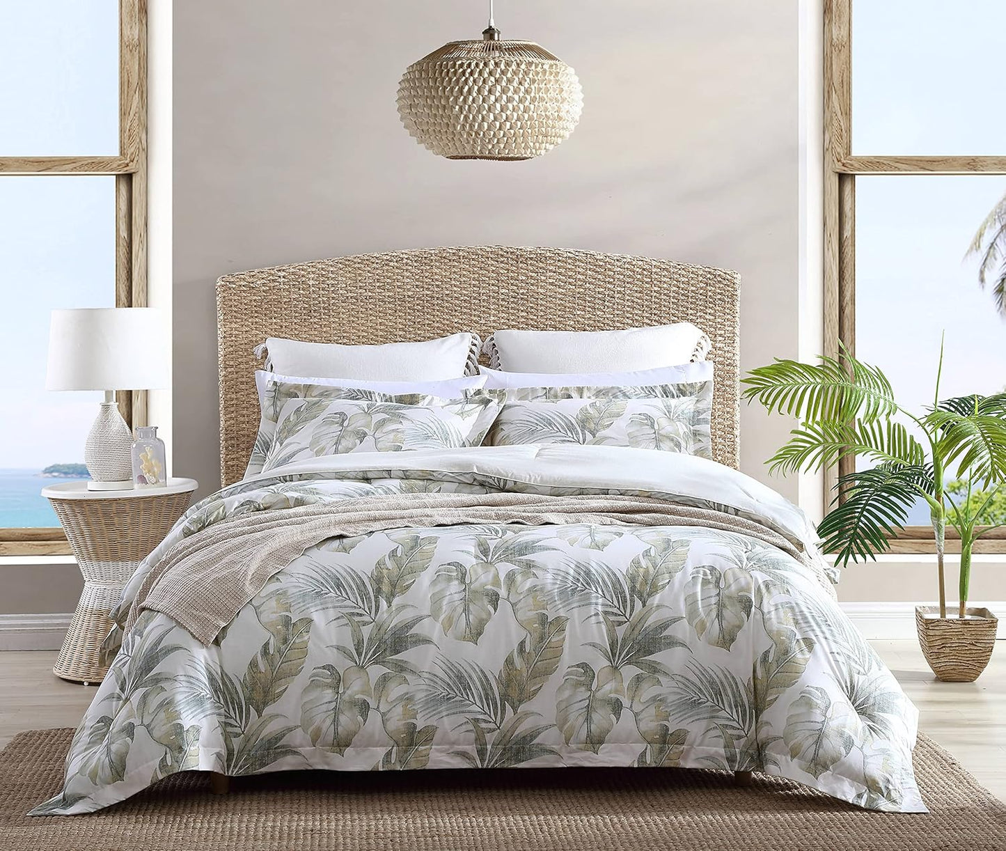 Tropical Leaf Comforter Set - 100% Cotton, Reversible, Ideal for All Seasons, King, Green