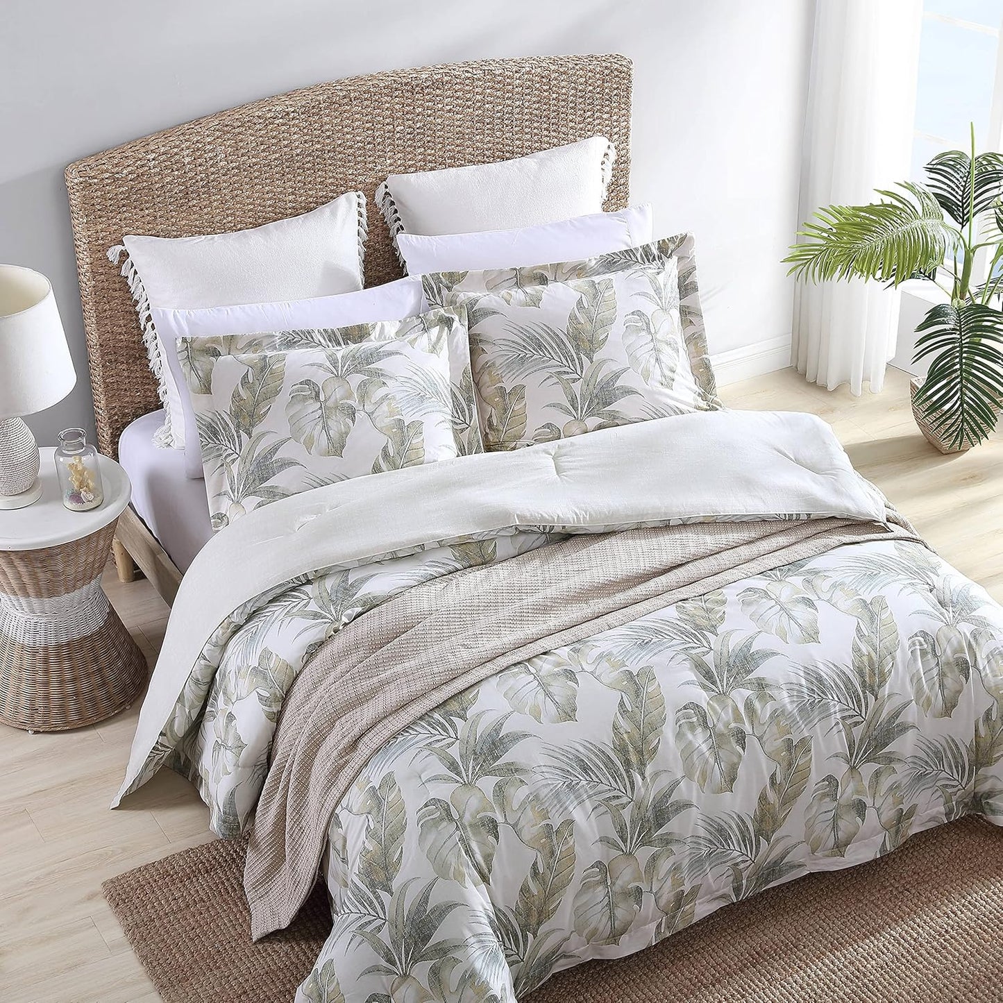 Tropical Leaf Comforter Set - 100% Cotton, Reversible, Ideal for All Seasons, King, Green