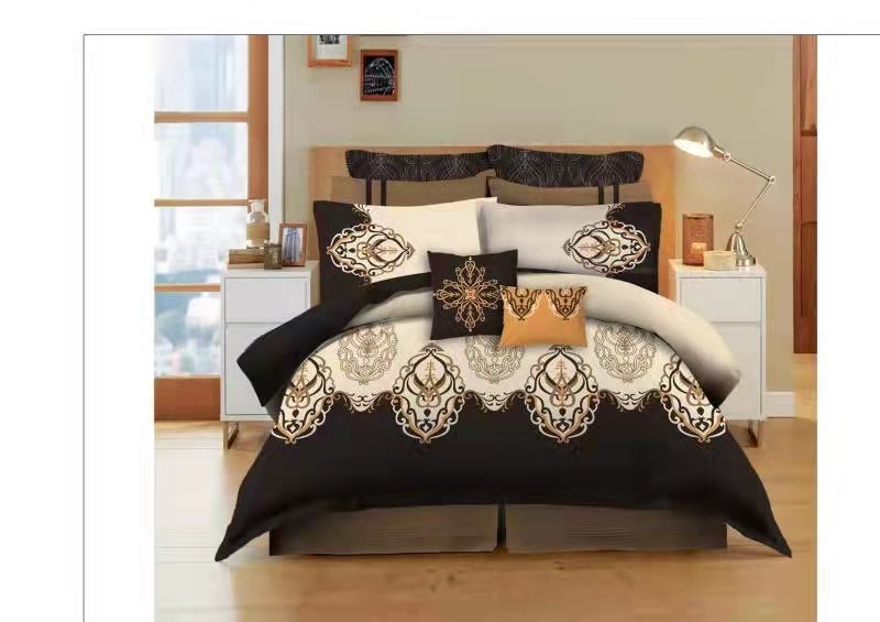 Comforter sets 9 pieces-Brown-Beige-Embroidered