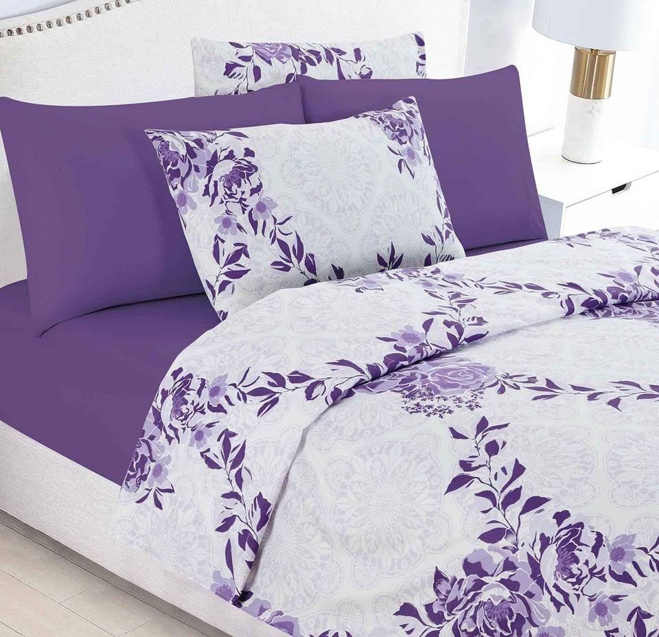 6 Pcs Bedsheet Set -Hotel At Your Home - Purple/White