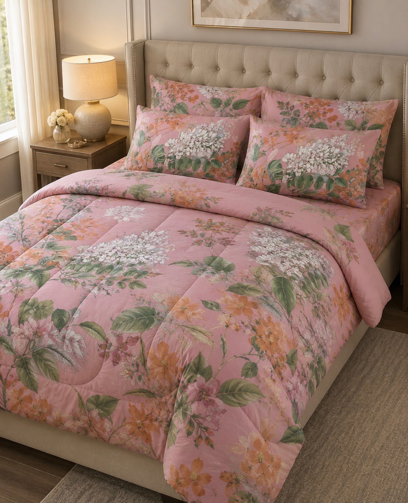 6Pcs Comforter set - Floral Pink