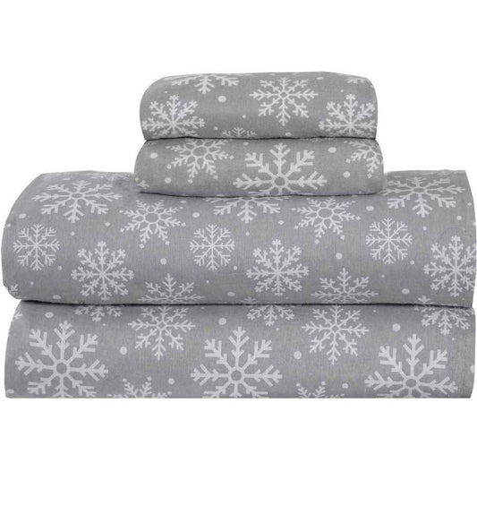 Warm Flannel Bedsheet Set-Grey Snow Flakes Print