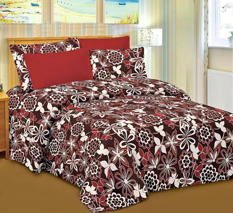 6 Pieces Bedsheet Set-Maroon, Floral Print-Queen