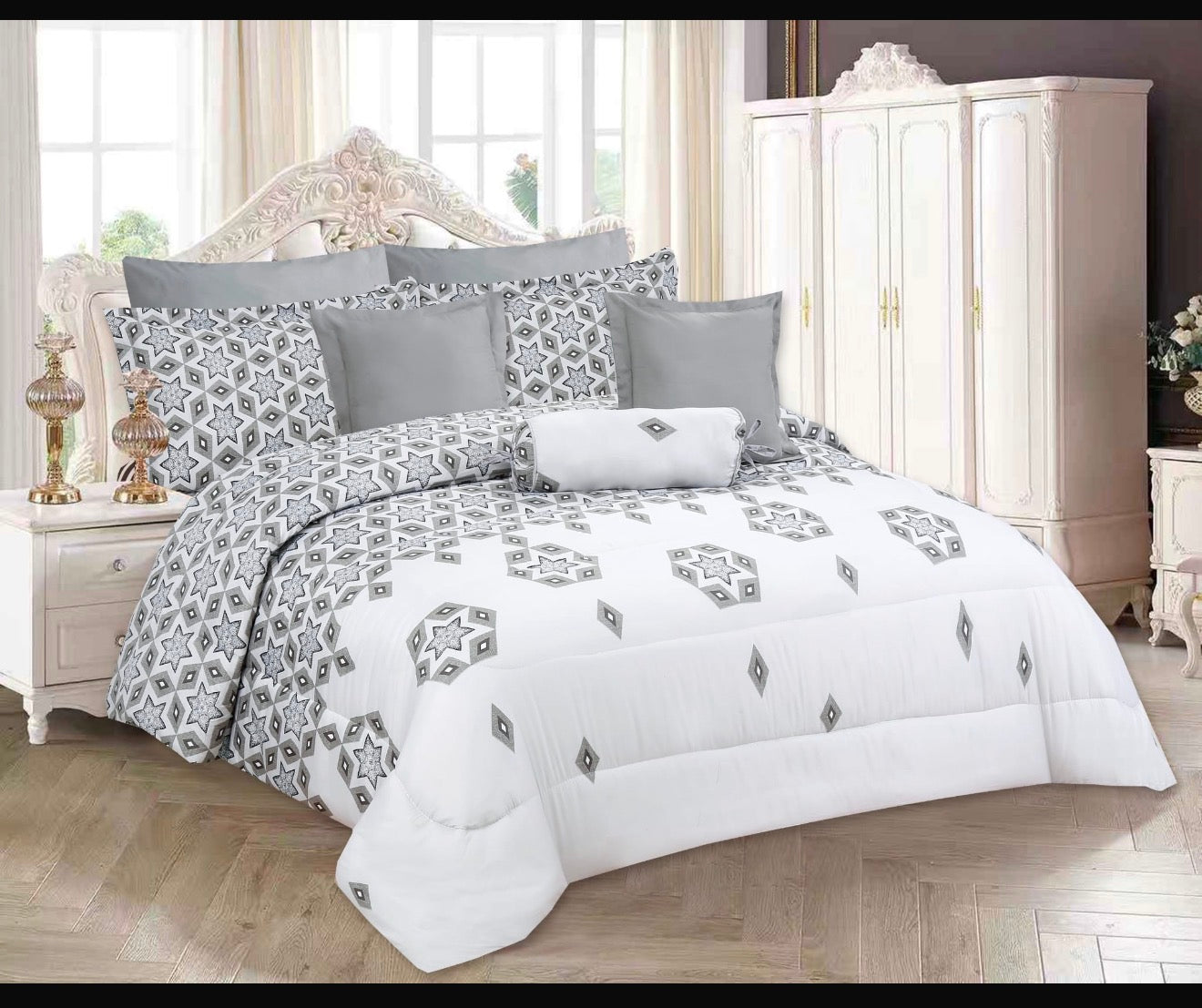 Comforter Set, Bed in a bag -Geometry print Grey/White 9 Pieces Set