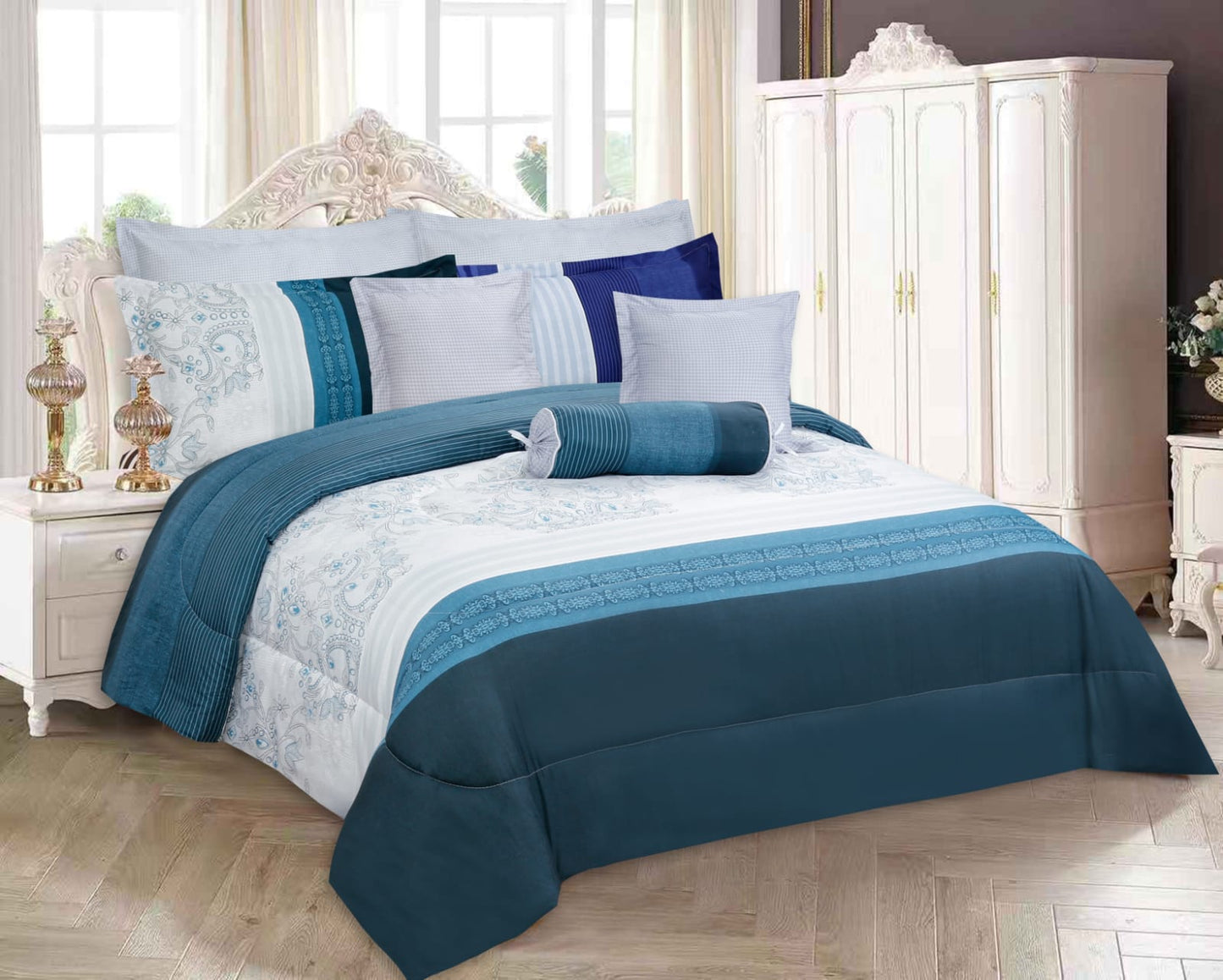 Comforter sets 9 pieces/Bed In A Bag Set-Turquoise Blue