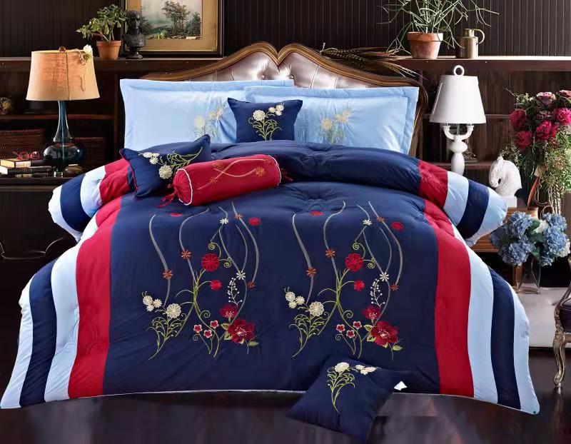 Embroidered Comforter Sets -Navy/Red