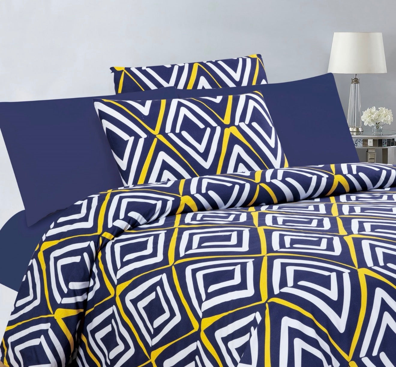 6 Pcs Bedsheet Set, Navy Blue -Geometry print