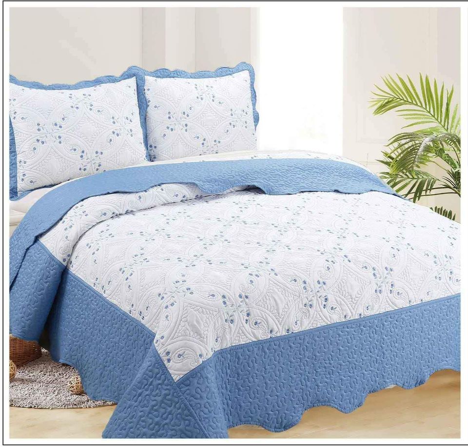 3 Piece Embroidered Quilt Set, Bedspread, Coverlet Set- White/Sky Blue