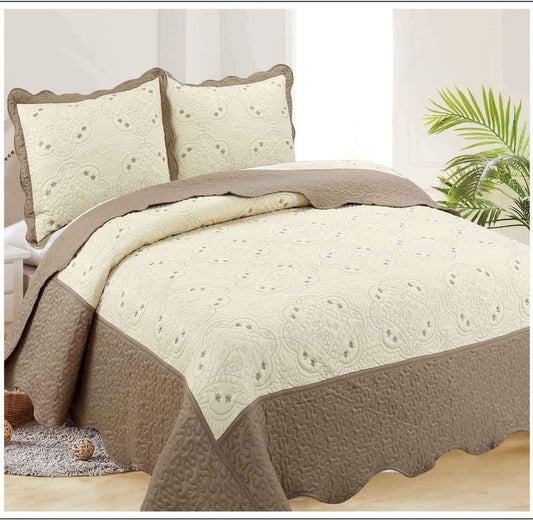 3 Piece Embroidered Quilt Set, Bedspread, Coverlet Set-Beige/Brown