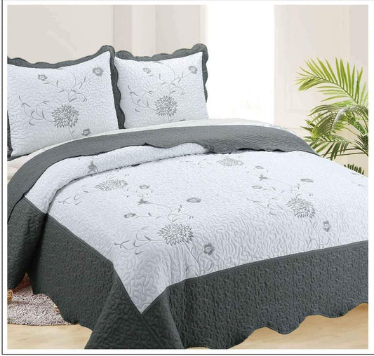 3 Piece Embroidered Quilt Set, Bedspread, Coverlet Set-White/Grey