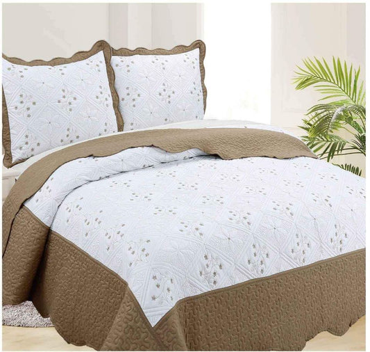 3 Piece Embroidered Quilt Set, BedSpread, Coverlet-White/Beige