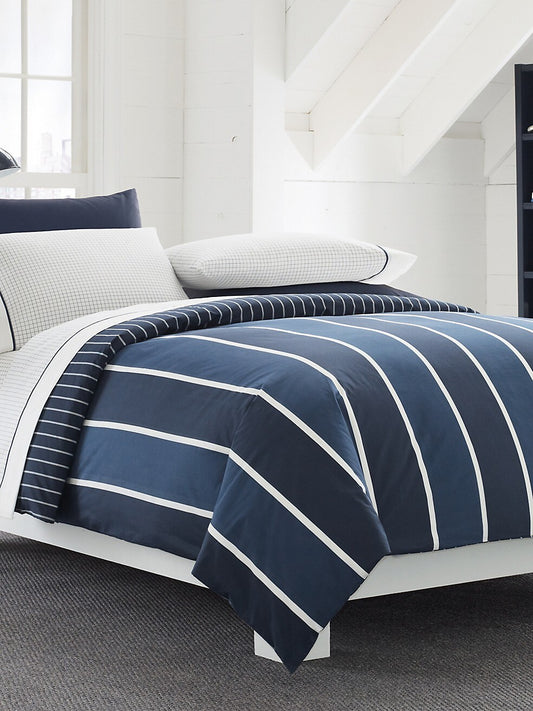 Striped Navy Comforter Set, Queen, Blue and White